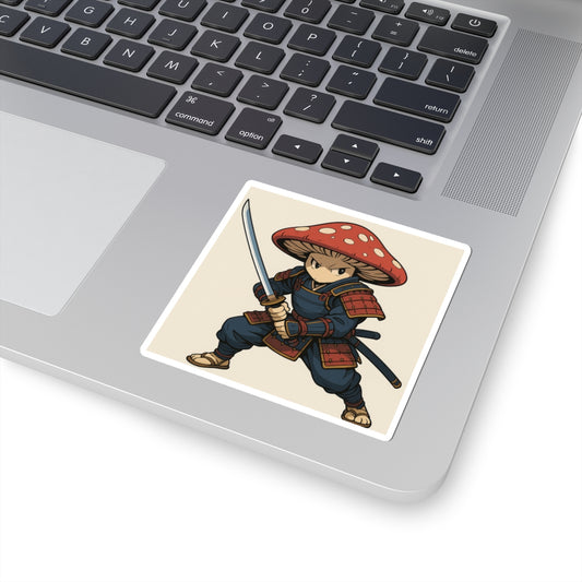Mushroom Samurai Sticker — Cute Mushroom Warrior Kiss-Cut Laptop Decal