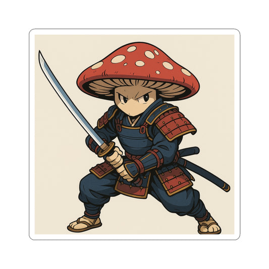 Mushroom Samurai Sticker — Cute Mushroom Warrior Kiss-Cut Laptop Decal